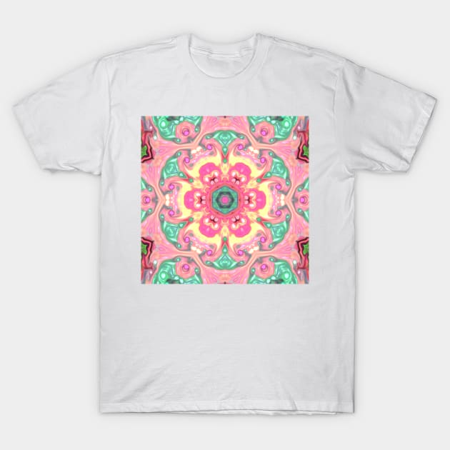 Psychedelic Mandala Flower Green Pink and Yellow T-Shirt by WormholeOrbital
